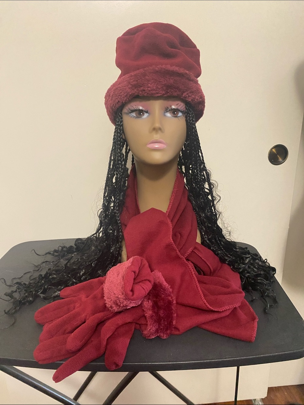 Plush Burgundy Hat, Scarf & Glove Set — Women’s Cozy Winter Accessories